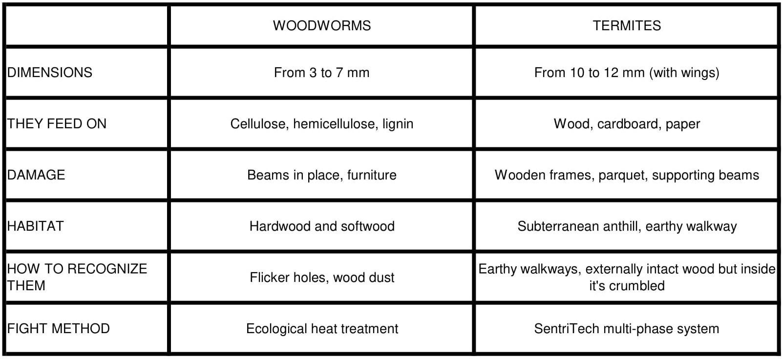 The main differences between Termites and Woodworms infestations